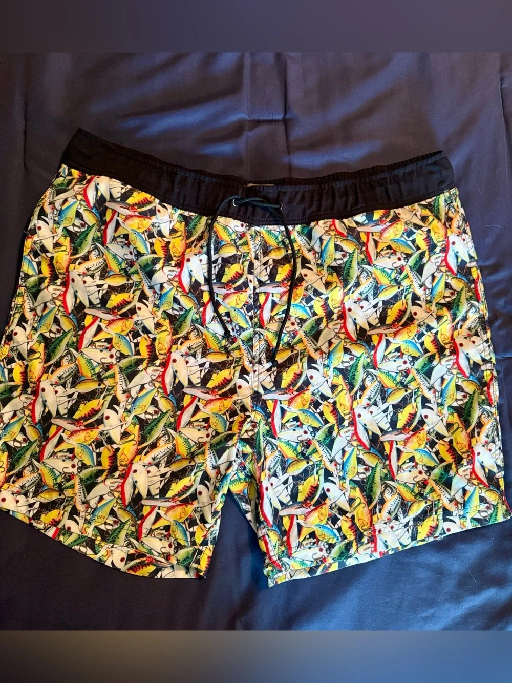 Bass Pro Shops Fishing Lures Print Swim Trunks, Drawstring Waist. Size XL